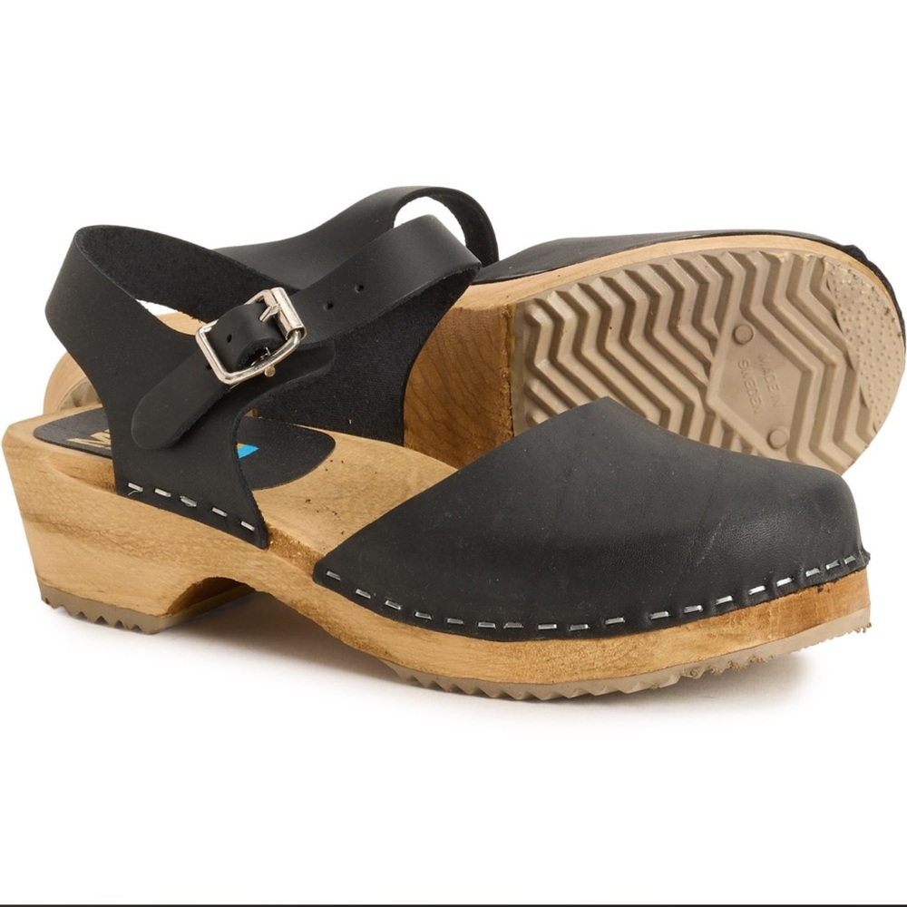 MIA Sofia Black Leather Clog Sandals - 38